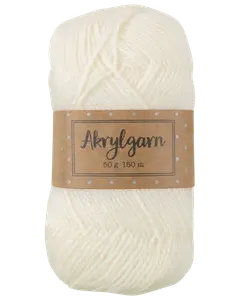 Nøgle hvidt akrylgarn, 50 gram, 150 meter. Omsluttet af brun papiretikette med prikker og produktinformation. Blød tekstur, velegnet til strik eller hækling.