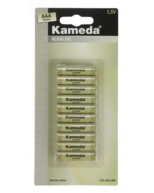 Förpackning med tio Kameda AAA alkaliska batterier, 1,5V, i genomskinlig blisterförpackning med märkt kartongbaksida. Passar till olika elektroniska enheter med AAA-batterier.