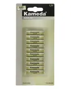 Förpackning med tio Kameda AAA alkaliska batterier, 1,5V, i genomskinlig blisterförpackning med märkt kartongbaksida. Passar till olika elektroniska enheter med AAA-batterier.