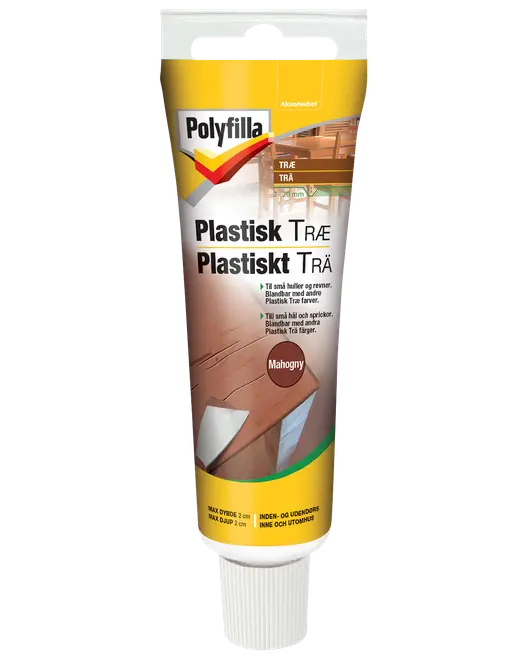 Polyfilla Plastisk Træ tube, mahogni farve, til udfyldning af små huller og revner i træ. Til indendørs og udendørs brug. Maks dybde 2 cm. 200 ml.