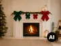 Julekrans til pejsehylden med fire fløjlsbuer i grøn og rød samt lys, gran og festlig dekoration. - Billedet er skabt med AI