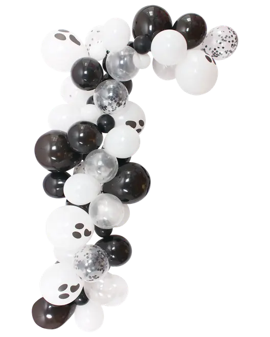 Ballongirlang med svarta, vita och genomskinliga ballonger. Vissa vita ballonger har spökansikten, vissa genomskinliga har svart konfetti. Perfekt för Halloweenfest.
