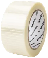 Klar pakketape med forstærkede fibre for ekstra styrke, velegnet til at lukke kasser og pakker. Inderkerne mærket 'DROPPEN'. Standardbredde, gennemsigtig, stærk klæbeevne.