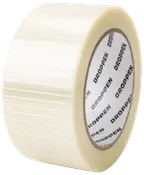 Klar packtejp med förstärkta fibrer för extra styrka, passar för att försluta lådor och paket. Innerkärna märkt 'DROPPEN'. Standardbredd, transparent, starkt klister.