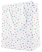 Hvid gavepose med flerfarvede prikker og hvide snorehåndtag. Posens rektangulære form og farverige design gør den velegnet til festlige lejligheder.