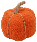 Dekorativ pumpa av orange tyg med lockig yta, dekorerad med snöre och tvinnad stjälk. Perfekt för höst- eller Halloween-dekoration.