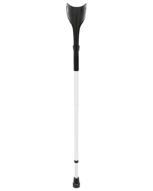 Underarmskrykke med ergonomisk sort manchet og håndtag, let hvidt aluminiumskaft og skridsikker gummifod. Justerbar højde for tilpasset støtte og komfort ved ganghjælp.