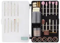 Tilbehørssæt til roterende værktøj med forskellige slibe-, polerings-, skære- og børstehoveder. Indeholder slibebånd, polerskiver, slibesten og skæreskiver i plastkasse.