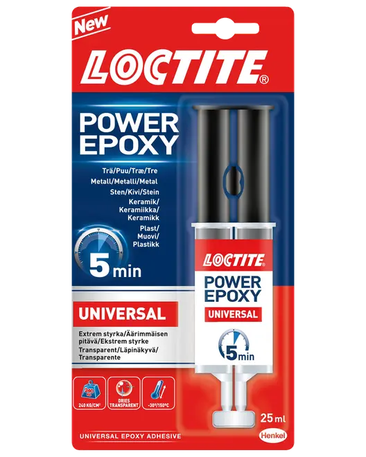 Loctite Power Epoxy Universal lim, 25 ml sprøjte, hærder på 5 minutter, egnet til træ, metal, sten, keramik og plast. Tørrer transparent, høj styrke, nem påføring.