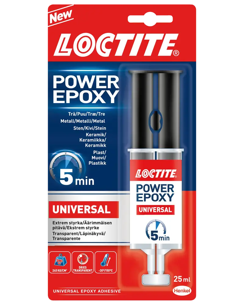 Loctite Power Epoxy Universal lim, 25 ml sprøjte, hærder på 5 minutter, egnet til træ, metal, sten, keramik og plast. Tørrer transparent, høj styrke, nem påføring.