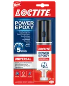Loctite Power Epoxy Universal lim, 25 ml sprøjte, hærder på 5 minutter, egnet til træ, metal, sten, keramik og plast. Tørrer transparent, høj styrke, nem påføring.