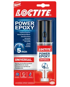 Loctite Power Epoxy Universal lim, 25 ml sprøjte, hærder på 5 minutter, egnet til træ, metal, sten, keramik og plast. Tørrer transparent, høj styrke, nem påføring.