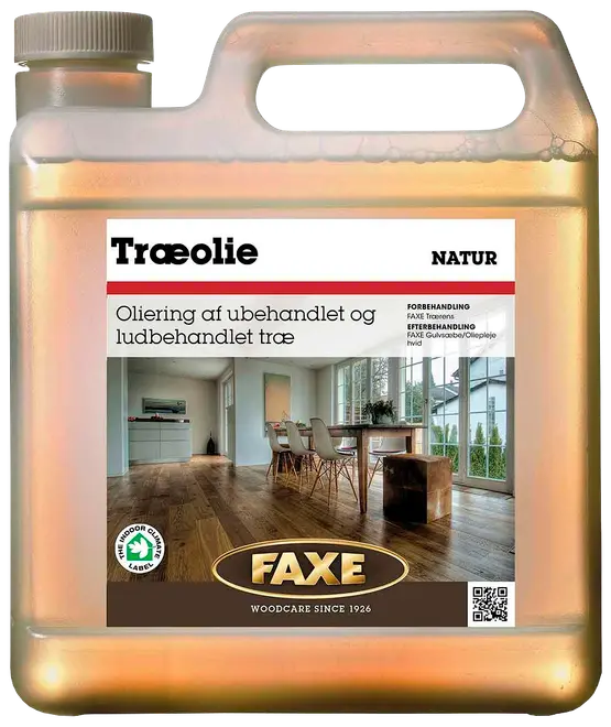Faxe Træolie Natur i 2,5-liters plastdunk, egnet til ubehandlet og ludbehandlet trægulv. Med skruelåg og bærehåndtag for nem påføring og opbevaring.