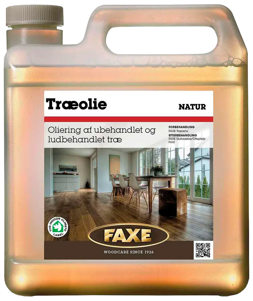 Faxe Træolie Natur i 2,5-liters plastdunk, egnet til ubehandlet og ludbehandlet trægulv. Med skruelåg og bærehåndtag for nem påføring og opbevaring.