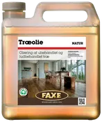 Faxe Træolie Natur i 2,5-liters plastdunk, egnet til ubehandlet og ludbehandlet trægulv. Med skruelåg og bærehåndtag for nem påføring og opbevaring.
