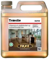 Faxe Træolie Natur i 2,5-liters plastdunk, egnet til ubehandlet og ludbehandlet trægulv. Med skruelåg og bærehåndtag for nem påføring og opbevaring.