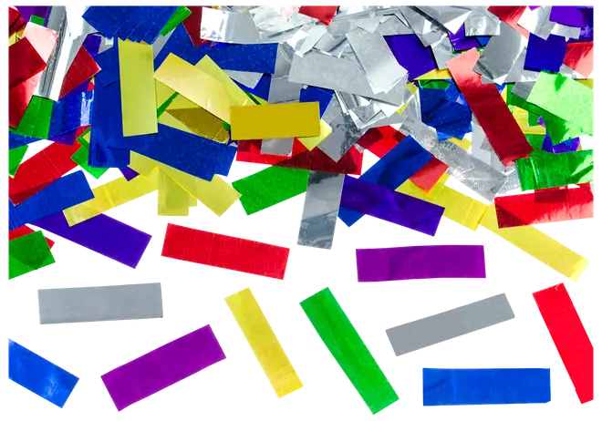 Blandet rektangulært konfetti i metallisk rød, blå, grøn, gul, lilla og sølv. Hver del er skinnende, let og perfekt til fester eller fejringer.