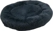 Rund, blød kæledyrsseng i mørkegrå med hævede kanter og blødt, langhåret plys. Giver komfort og varme til katte eller små hunde. Maskinvaskbar og skridsikker bund.