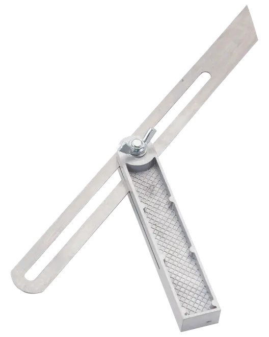 Justerbar vinkelmätare i rostfritt stål med texturerat handtag och slitsad blad för exakt mätning och markering. Perfekt för trä-, metall- och byggprojekt.