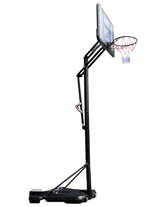 Transportabel basketballkurv med justerbar højde, klar bagplade, rød ring og net. Solid sort base med hjul for nem flytning. Velegnet til udendørs brug.