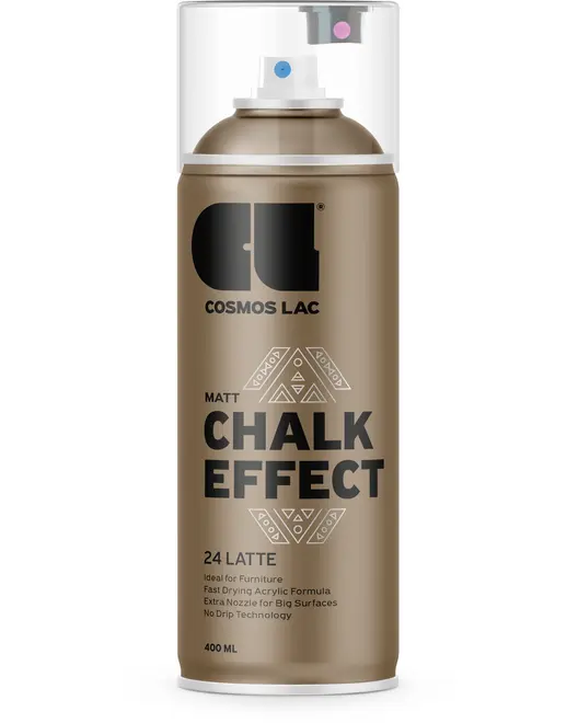 Cosmos Lac Matt Chalk Effect spraymaling, 24 Latte farve, 400 ml dåse. Ideel til møbler, hurtigtørrende akrylformel, ekstra dyse til store overflader, drypfri teknologi.