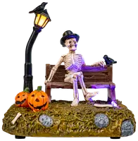 Halloween skelett på bänk