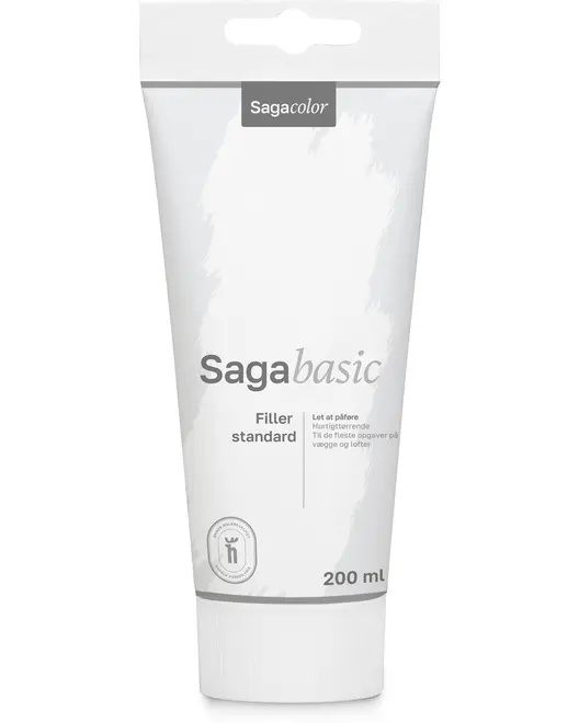 Sagabasic Filler Standard, 200 mL tube. Hvid plastemballage med grå detaljer, skruelåg og let at klemme. Til væg- og loftreparationer, hurtigtørrende.