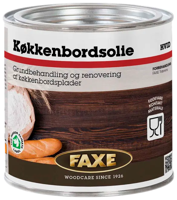 FAXE køkkenbordsolie, hvid, til behandling og renovering af køkkenbordplader i træ. Fødevarekontakt godkendt. Metal dåse med låg, 0,75 liter.