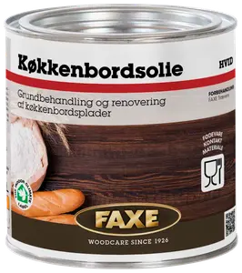 FAXE køkkenbordsolie, hvid, til behandling og renovering af køkkenbordplader i træ. Fødevarekontakt godkendt. Metal dåse med låg, 0,75 liter.