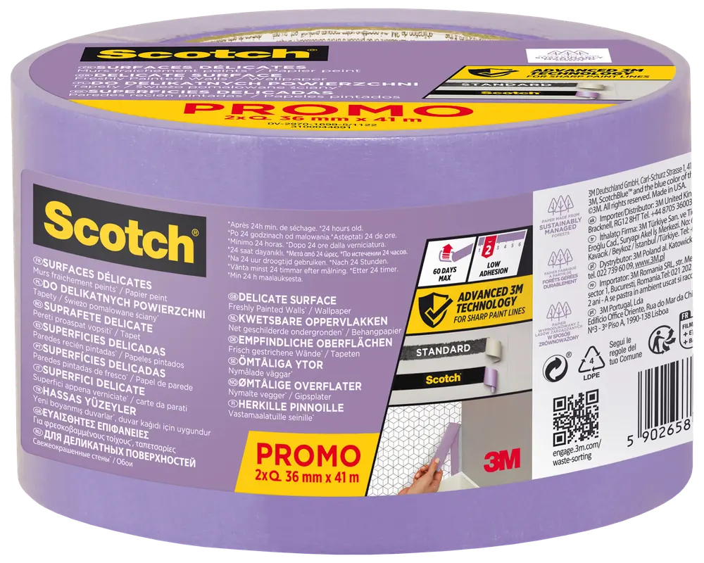 Scotch® Maskeringstejp för ömtåliga ytor 41 meter – 36 mm 2-pack