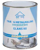 En-liters dåse Droppen højglans maling til træ og metal, egnet til indendørs brug. Blå og hvid emballage med produktinformation på dansk og svensk.