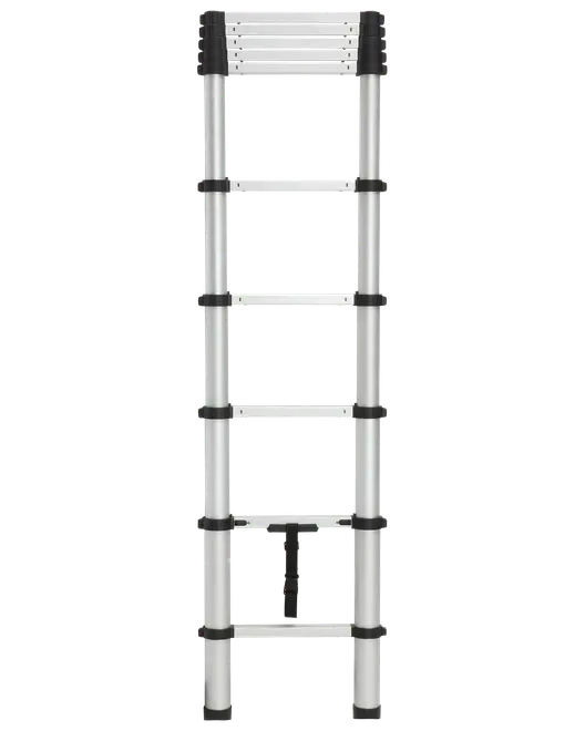 Sammenklappelig teleskopstige i aluminium med sorte plastforbindelser, flere trin og bærehåndtag. Kompakt design til nem opbevaring og transport.