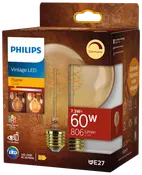 Philips Vintage LED flammepære, dæmpbar, 7,3W svarer til 60W, 806 lumen, 2200K varm ravfarvet lys, E27-fatning, dekorativ filament.