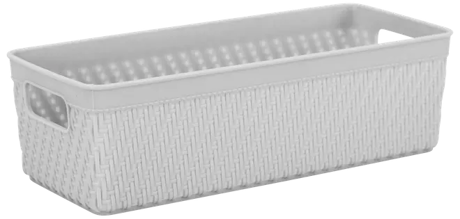 Rektangulär vit plastkorg med flätad struktur, öppen ovansida och inbyggda handtag på sidorna. Perfekt för förvaring av småsaker i hemmet eller på kontoret.