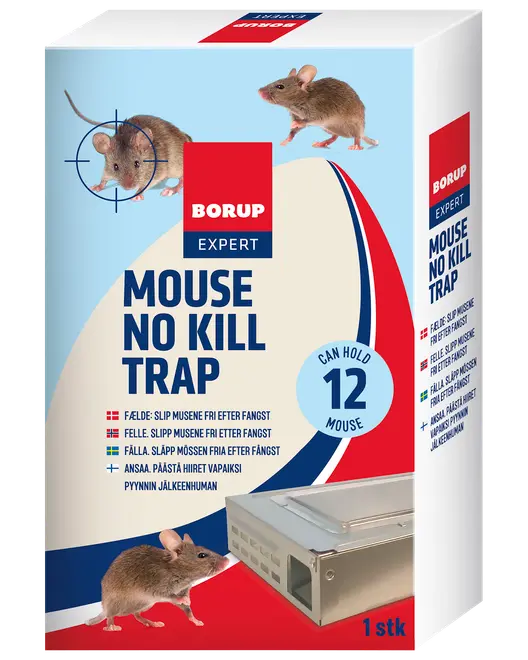 Borup Expert Mouse No Kill Trap emballage, viser en human musefælde i metal, der kan indeholde op til 12 mus, med billeder af mus og flersprogede instruktioner på æsken.