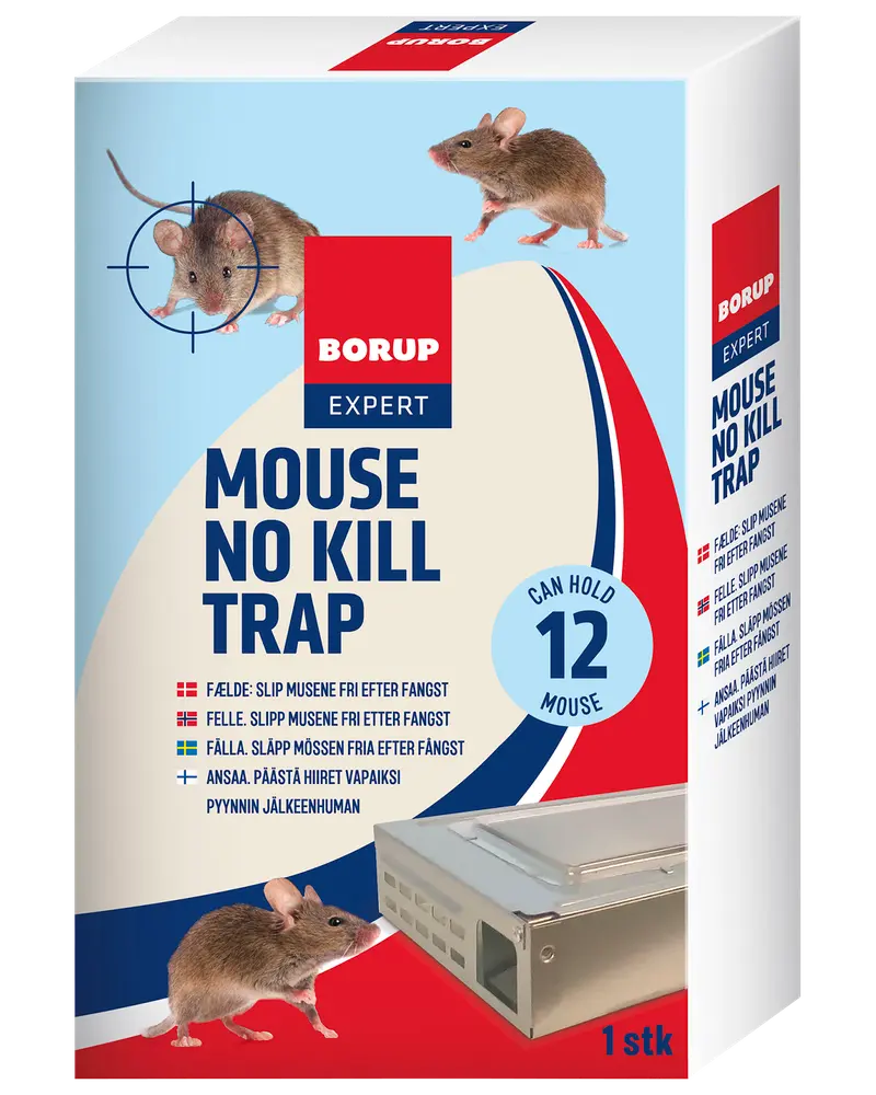Borup Expert Mouse No Kill Trap emballage, viser en human musefælde i metal, der kan indeholde op til 12 mus, med billeder af mus og flersprogede instruktioner på æsken.