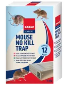 Borup Expert Mouse No Kill Trap-förpackning, visar en human metallfälla för upp till 12 möss, med bilder av möss och flerspråkiga instruktioner på lådan.