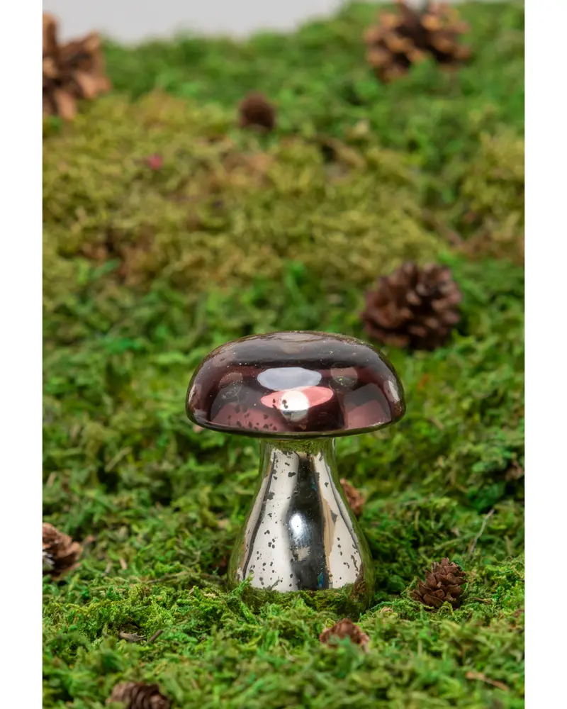 Dekorativ svampfigur med blankt silverfärgat skaft och mörk glashatt, reflekterande yta. Perfekt för heminredning eller som lekfull detalj.