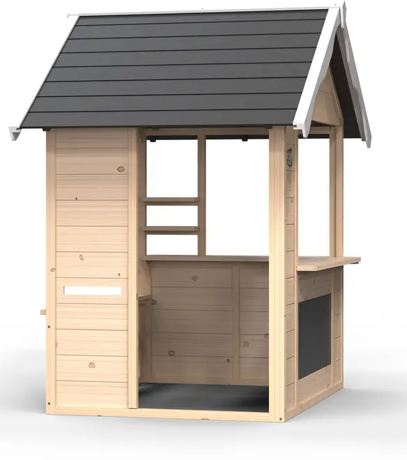 Trælegehus med naturfinish, sort skråt tag, åbne vinduer, serveringsdisk og tavlepanel. Velegnet til børns udendørs leg, stimulerer fantasi og socialt samvær.