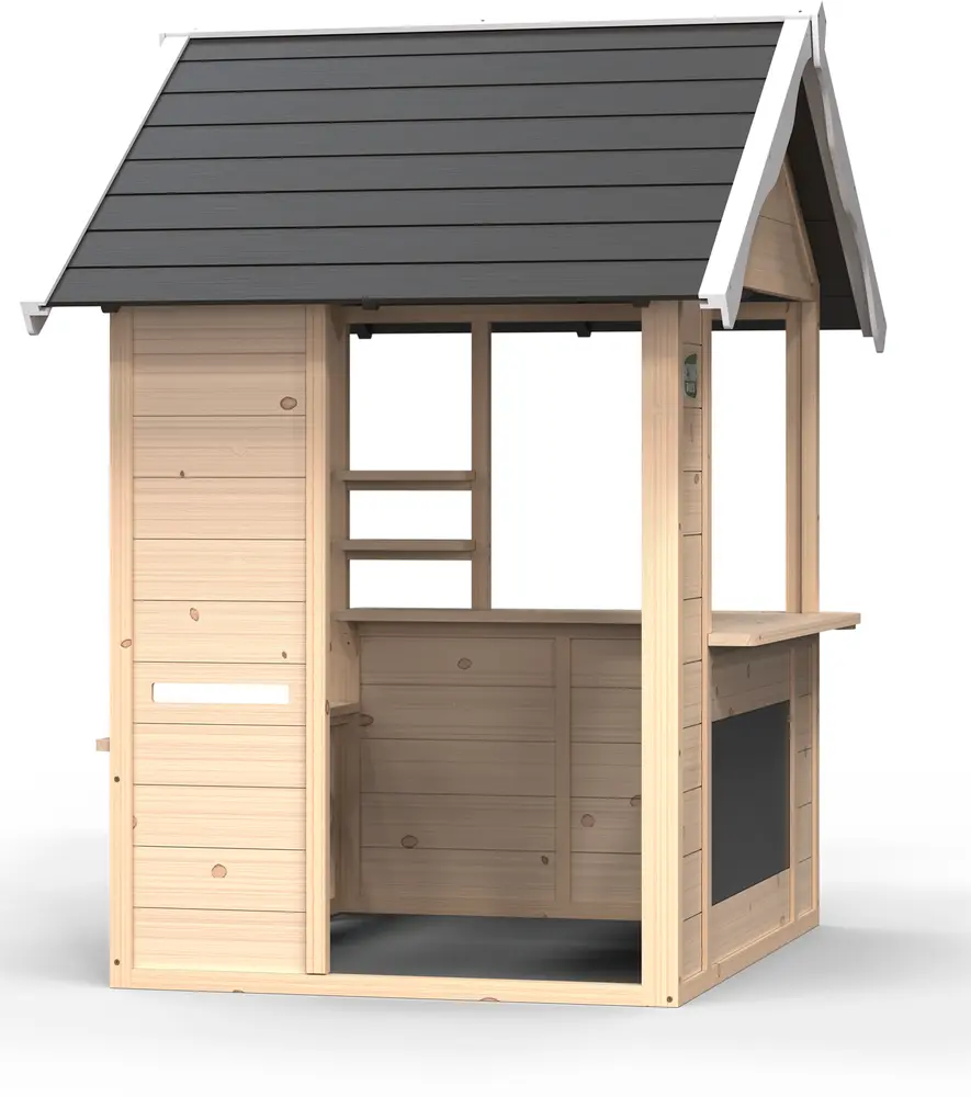 Trælegehus med naturfinish, sort skråt tag, åbne vinduer, serveringsdisk og tavlepanel. Velegnet til børns udendørs leg, stimulerer fantasi og socialt samvær.