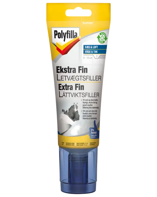 Polyfilla Ekstra Fin letvægtsfiller i 330 ml tube, egnet til væg og loft, perfekt til små huller. Har nem applikationsdyse og hurtigtørrende formel.