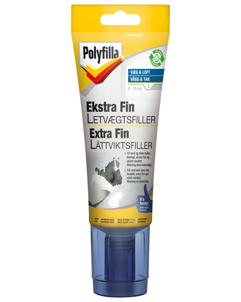 Polyfilla Ekstra Fin letvægtsfiller i 330 ml tube, egnet til væg og loft, perfekt til små huller. Har nem applikationsdyse og hurtigtørrende formel.