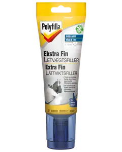 Polyfilla Ekstra Fin letvægtsfiller i 330 ml tube, egnet til væg og loft, perfekt til små huller. Har nem applikationsdyse og hurtigtørrende formel.
