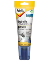 Polyfilla Ekstra Fin Letvægtsfiller, dobbeltpakke med gule og hvide tuber, til væg og loft. Perfekt til små revner og huller, nem at påføre og slibe.