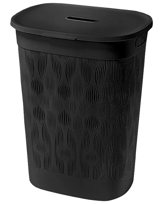 Sort oval vasketøjskurv med strukturerede sider og låg med slidsåbning.