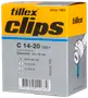 Æske med Tillex C 14-20 grå clips, 2,0 x 35 mm, korrosionsklasse C4, ca. 100 stk., til kabelmontering, med produkt- og referencenumre på emballagen.