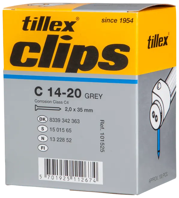 Æske med Tillex C 14-20 grå clips, 2,0 x 35 mm, korrosionsklasse C4, ca. 100 stk., til kabelmontering, med produkt- og referencenumre på emballagen.