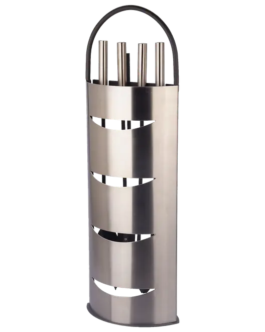 Köksredskapshållare i rostfritt stål med cylindrisk form, öppen topp och böjda ventilationsöppningar. Håller flera redskap upprätt och organiserade.