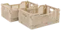 Sæt med to beige plast opbevaringskasser med lamelsider, håndtag og stabelbart design. Perfekt til organisering, lette og sammenklappelige for nem opbevaring.