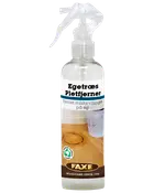 Klar sprayflaske med FAXE Egetræ Pletfjerner, fjerner misfarvninger på egetræ. Udstyret med sprayhoved og etiket med illustration af anvendelse på træbord.